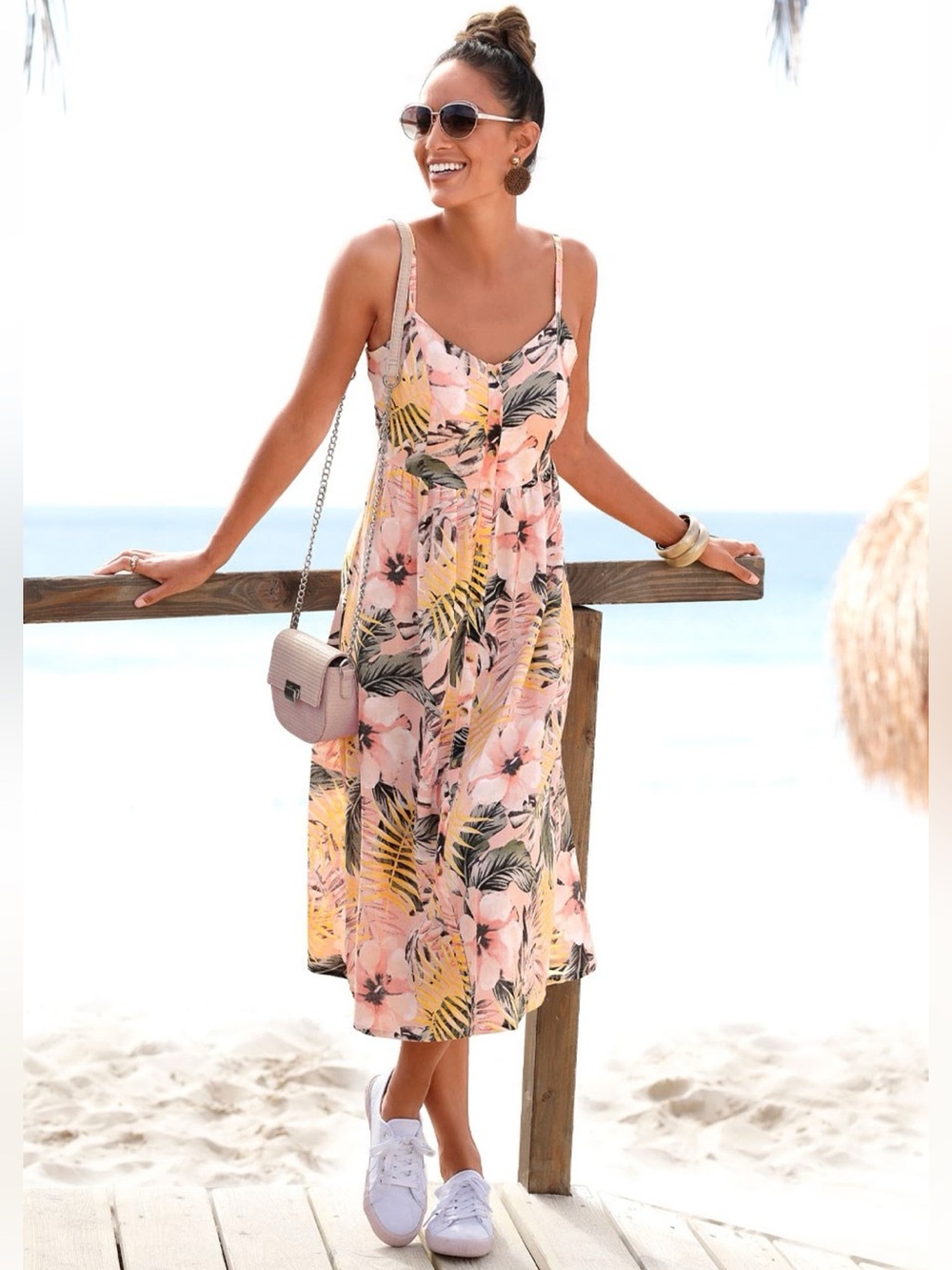 LASCANA Button Up Panel Dress Midi Tropical Floral Spaghetti Straps Size 8